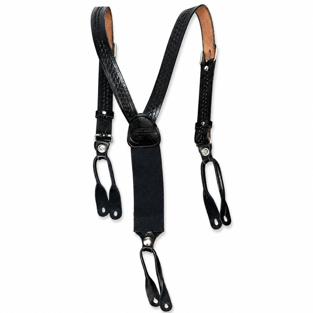 Vintage Classic Old West Style El Paso TX Blck Embossed Leather Button Suspender